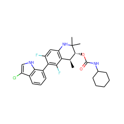 C[C@H]1c2c(cc(F)c(-c3cccc4c(Cl)c[nH]c34)c2F)NC(C)(C)[C@@H]1OC(=O)NC1CCCCC1 ZINC000066074485