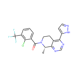 C[C@H]1c2ncnc(-c3ccn[nH]3)c2CCN1C(=O)c1cccc(C(F)(F)F)c1Cl ZINC000225927826