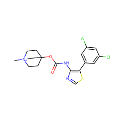 C[N+]12CCC(OC(=O)Nc3ncsc3-c3cc(Cl)cc(Cl)c3)(CC1)CC2 ZINC000139610639