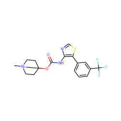 C[N+]12CCC(OC(=O)Nc3ncsc3-c3cccc(C(F)(F)F)c3)(CC1)CC2 ZINC000169331626