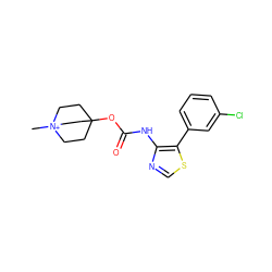 C[N+]12CCC(OC(=O)Nc3ncsc3-c3cccc(Cl)c3)(CC1)CC2 ZINC000139562396