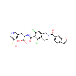 C[S@@+]([O-])c1cncc(C[C@H](NC(=O)c2c(Cl)cc3c(c2Cl)CCN(C(=O)c2ccc4ccoc4c2)C3)C(=O)O)c1 ZINC000084669396