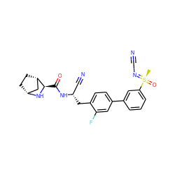 C[S@](=O)(=NC#N)c1cccc(-c2ccc(C[C@@H](C#N)NC(=O)[C@H]3N[C@@H]4CC[C@H]3C4)c(F)c2)c1 ZINC000220833711