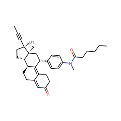 CC#C[C@]1(O)CC[C@H]2[C@@H]3CCC4=CC(=O)CCC4=C3[C@@H](c3ccc(N(C)C(=O)CCCCC)cc3)C[C@@]21C ZINC000044352654