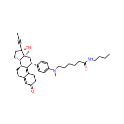 CC#C[C@]1(O)CC[C@H]2[C@@H]3CCC4=CC(=O)CCC4=C3[C@@H](c3ccc(N(C)CCCCCC(=O)NCCCC)cc3)C[C@@]21C ZINC000042834982