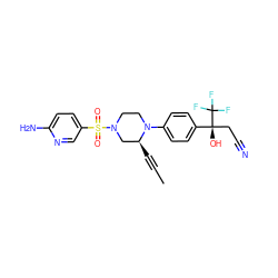 CC#C[C@H]1CN(S(=O)(=O)c2ccc(N)nc2)CCN1c1ccc([C@@](O)(CC#N)C(F)(F)F)cc1 ZINC000146257308