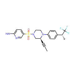 CC#C[C@H]1CN(S(=O)(=O)c2ccc(N)nc2)CCN1c1ccc([C@@H](C)C(F)(F)F)cc1 ZINC000146000896