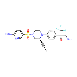 CC#C[C@H]1CN(S(=O)(=O)c2ccc(N)nc2)CCN1c1ccc([C@](O)(CN)C(F)(F)F)cc1 ZINC000146410246