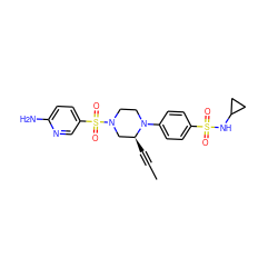 CC#C[C@H]1CN(S(=O)(=O)c2ccc(N)nc2)CCN1c1ccc(S(=O)(=O)NC2CC2)cc1 ZINC000145944106