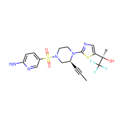 CC#C[C@H]1CN(S(=O)(=O)c2ccc(N)nc2)CCN1c1ncc([C@@](C)(O)C(F)(F)F)s1 ZINC000169306866