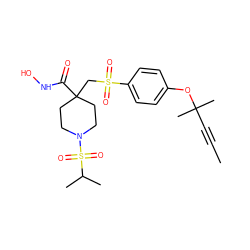 CC#CC(C)(C)Oc1ccc(S(=O)(=O)CC2(C(=O)NO)CCN(S(=O)(=O)C(C)C)CC2)cc1 ZINC000028861995