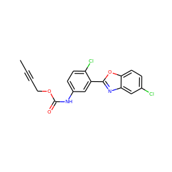 CC#CCOC(=O)Nc1ccc(Cl)c(-c2nc3cc(Cl)ccc3o2)c1 ZINC000029230188