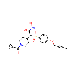 CC#CCOc1ccc(S(=O)(=O)[C@H](C(=O)NO)C2CCN(C(=O)C3CC3)CC2)cc1 ZINC000013586035