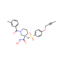 CC#CCOc1ccc(S(=O)(=O)C[C@@]2(C(=O)NO)CCCN(C(=O)c3cccc(C)c3)C2)cc1 ZINC000028951494