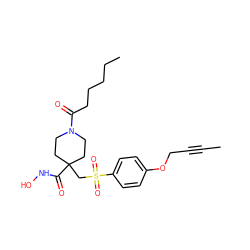 CC#CCOc1ccc(S(=O)(=O)CC2(C(=O)NO)CCN(C(=O)CCCCC)CC2)cc1 ZINC000034801893