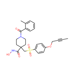 CC#CCOc1ccc(S(=O)(=O)CC2(C(=O)NO)CCN(C(=O)c3ccccc3C)CC2)cc1 ZINC000034801891