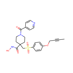 CC#CCOc1ccc(S(=O)(=O)CC2(C(=O)NO)CCN(C(=O)c3ccncc3)CC2)cc1 ZINC000034801888