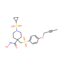 CC#CCOc1ccc(S(=O)(=O)CC2(C(=O)NO)CCN(S(=O)(=O)C3CC3)CC2)cc1 ZINC000028816878