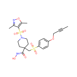 CC#CCOc1ccc(S(=O)(=O)CC2(C(=O)NO)CCN(S(=O)(=O)c3c(C)noc3C)CC2)cc1 ZINC000028816892