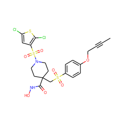 CC#CCOc1ccc(S(=O)(=O)CC2(C(=O)NO)CCN(S(=O)(=O)c3cc(Cl)sc3Cl)CC2)cc1 ZINC000028816900