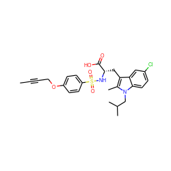 CC#CCOc1ccc(S(=O)(=O)N[C@@H](Cc2c(C)n(CC(C)C)c3ccc(Cl)cc23)C(=O)O)cc1 ZINC000040975733