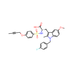 CC#CCOc1ccc(S(=O)(=O)N[C@@H](Cc2c(C)n(Cc3ccc(F)cc3)c3ccc(OC)cc23)C(=O)O)cc1 ZINC000042920124