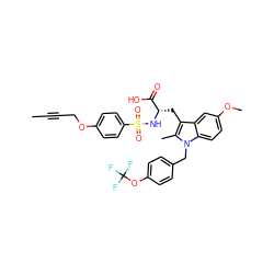 CC#CCOc1ccc(S(=O)(=O)N[C@@H](Cc2c(C)n(Cc3ccc(OC(F)(F)F)cc3)c3ccc(OC)cc23)C(=O)O)cc1 ZINC000049833357