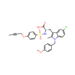 CC#CCOc1ccc(S(=O)(=O)N[C@@H](Cc2c(C)n(Cc3ccc(OC)cc3)c3ccc(Cl)cc23)C(=O)O)cc1 ZINC000042834104