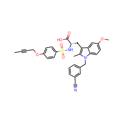 CC#CCOc1ccc(S(=O)(=O)N[C@@H](Cc2c(C)n(Cc3cccc(C#N)c3)c3ccc(OC)cc23)C(=O)O)cc1 ZINC000042805155