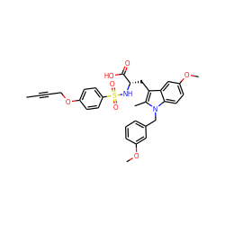 CC#CCOc1ccc(S(=O)(=O)N[C@@H](Cc2c(C)n(Cc3cccc(OC)c3)c3ccc(OC)cc23)C(=O)O)cc1 ZINC000042833904