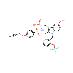 CC#CCOc1ccc(S(=O)(=O)N[C@@H](Cc2c(C)n(Cc3ccccc3OC(F)(F)F)c3ccc(OC)cc23)C(=O)O)cc1 ZINC000049898852