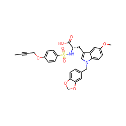 CC#CCOc1ccc(S(=O)(=O)N[C@@H](Cc2cn(Cc3ccc4c(c3)OCO4)c3ccc(OC)cc23)C(=O)O)cc1 ZINC000044352134