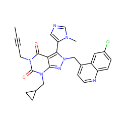 CC#CCn1c(=O)c2c(-c3cncn3C)n(Cc3ccnc4ccc(Cl)cc34)nc2n(CC2CC2)c1=O ZINC000084730415