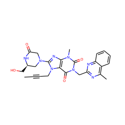 CC#CCn1c(N2CC(=O)N[C@H](CO)C2)nc2c1c(=O)n(Cc1nc(C)c3ccccc3n1)c(=O)n2C ZINC000473248899