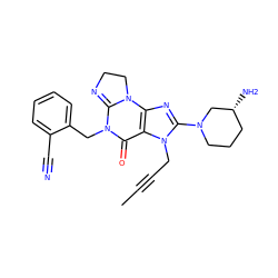 CC#CCn1c(N2CCC[C@@H](N)C2)nc2c1C(=O)N(Cc1ccccc1C#N)C1=NCCN12 ZINC000168373562