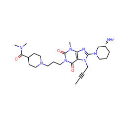 CC#CCn1c(N2CCC[C@@H](N)C2)nc2c1c(=O)n(CCCN1CCC(C(=O)N(C)C)CC1)c(=O)n2C ZINC001772633509