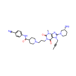 CC#CCn1c(N2CCC[C@@H](N)C2)nc2c1c(=O)n(CCCN1CCC(C(=O)Nc3ccc(C#N)cc3)CC1)c(=O)n2C ZINC001772627135