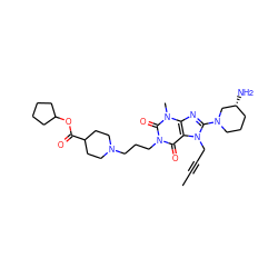 CC#CCn1c(N2CCC[C@@H](N)C2)nc2c1c(=O)n(CCCN1CCC(C(=O)OC3CCCC3)CC1)c(=O)n2C ZINC001772619545