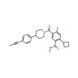 CC#Cc1ccc(C2CCN(C(=O)c3cc(C(=O)NC)c(C4CCC4)cc3C)CC2)cc1 ZINC000220778645