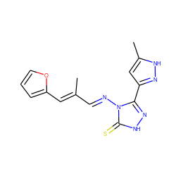 CC(/C=N/n1c(-c2cc(C)[nH]n2)n[nH]c1=S)=C\c1ccco1 ZINC000005625903