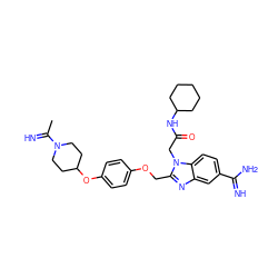 CC(=N)N1CCC(Oc2ccc(OCc3nc4cc(C(=N)N)ccc4n3CC(=O)NC3CCCCC3)cc2)CC1 ZINC000028372116