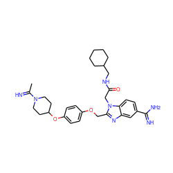 CC(=N)N1CCC(Oc2ccc(OCc3nc4cc(C(=N)N)ccc4n3CC(=O)NCC3CCCCC3)cc2)CC1 ZINC000028372120