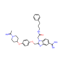 CC(=N)N1CCC(Oc2ccc(OCc3nc4cc(C(=N)N)ccc4n3CC(=O)NCCCc3ccccc3)cc2)CC1 ZINC000028374249