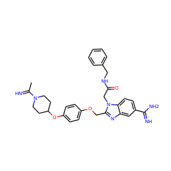 CC(=N)N1CCC(Oc2ccc(OCc3nc4cc(C(=N)N)ccc4n3CC(=O)NCc3ccccc3)cc2)CC1 ZINC000028371547