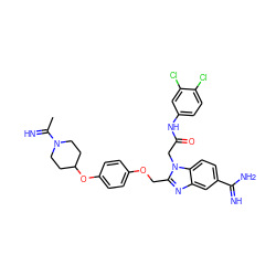 CC(=N)N1CCC(Oc2ccc(OCc3nc4cc(C(=N)N)ccc4n3CC(=O)Nc3ccc(Cl)c(Cl)c3)cc2)CC1 ZINC000028370838