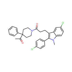 CC(=O)C1(c2ccccc2)CCN(C(=O)CCc2c(-c3ccc(Cl)cc3)n(C)c3ccc(Cl)cc23)CC1 ZINC000026824223