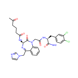 CC(=O)CCCC(=O)N[C@@H]1N=C(Cn2ccnc2)c2ccccc2N(CC(=O)N[C@@H](Cc2ccc(Cl)c(Cl)c2)C(N)=O)C1=O ZINC000028759785