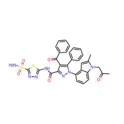 CC(=O)Cn1c(C)cc2c(-n3nc(C(=O)Nc4nnc(S(N)(=O)=O)s4)c(C(=O)c4ccccc4)c3-c3ccccc3)cccc21 ZINC000049823216