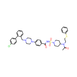 CC(=O)N(CCSc1ccccc1)C1CCN(S(=O)(=O)NC(=O)c2ccc(N3CCN(Cc4ccccc4-c4ccc(Cl)cc4)CC3)cc2)CC1 ZINC000165131074