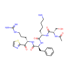 CC(=O)N[C@@H](CO)C(=O)N[C@@H](CCCCN)C(=O)N[C@@H](Cc1ccccc1)C(=O)N[C@@H](CCCNC(=N)N)C(=O)c1nccs1 ZINC000299828100